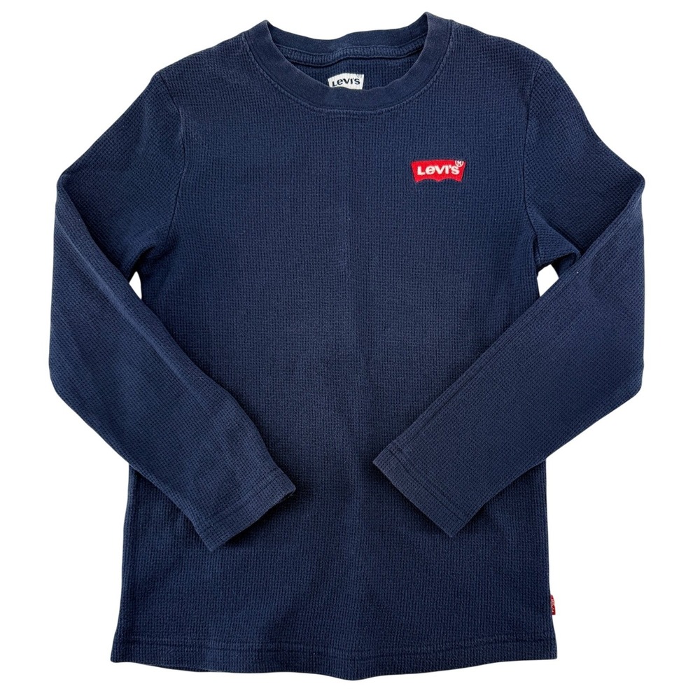 Levi's Boys Small 7/8 Navy Waffle Knit Thermal Long sleeve Shirt Red Logo